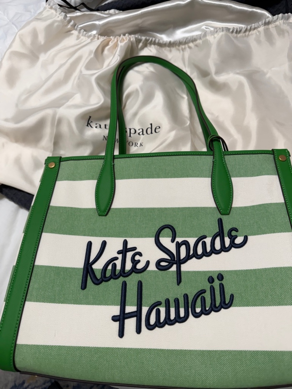 kate spade Green and White Striped Canvas Tote with Navy Script new tote